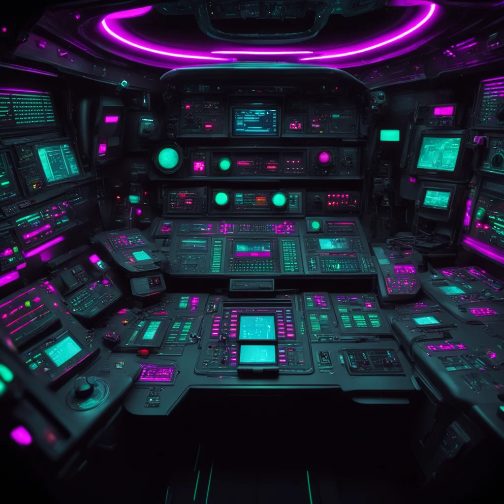 the cockpit of an interstellar spaceship the walls covered with neon controls and buttons | dark vintage sci fi 1980s ci